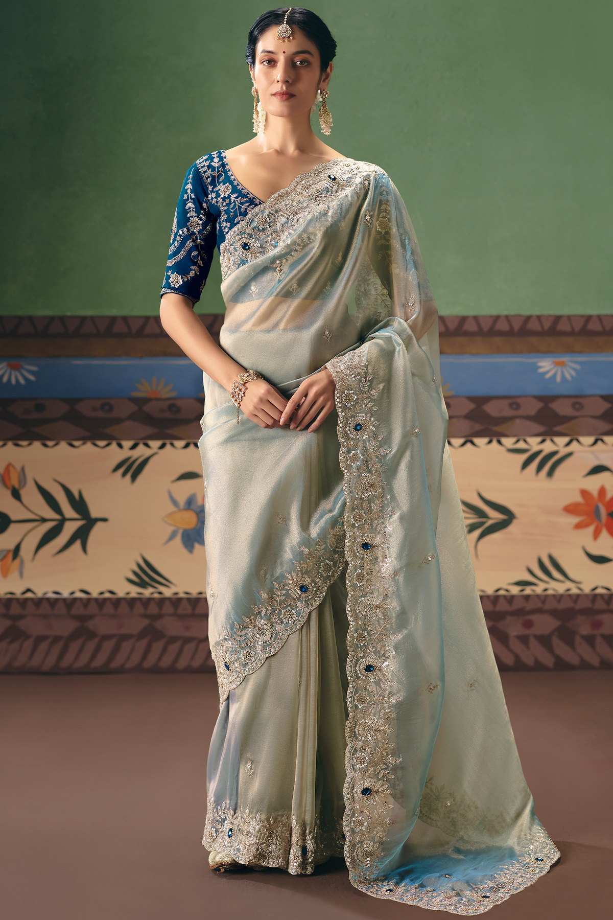 Powder Blue Ice Sheer Saree Detailed with Pastel Embroidery