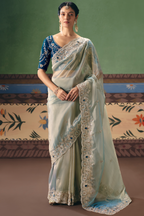Powder Blue Ice Sheer Saree Detailed with Pastel Embroidery
