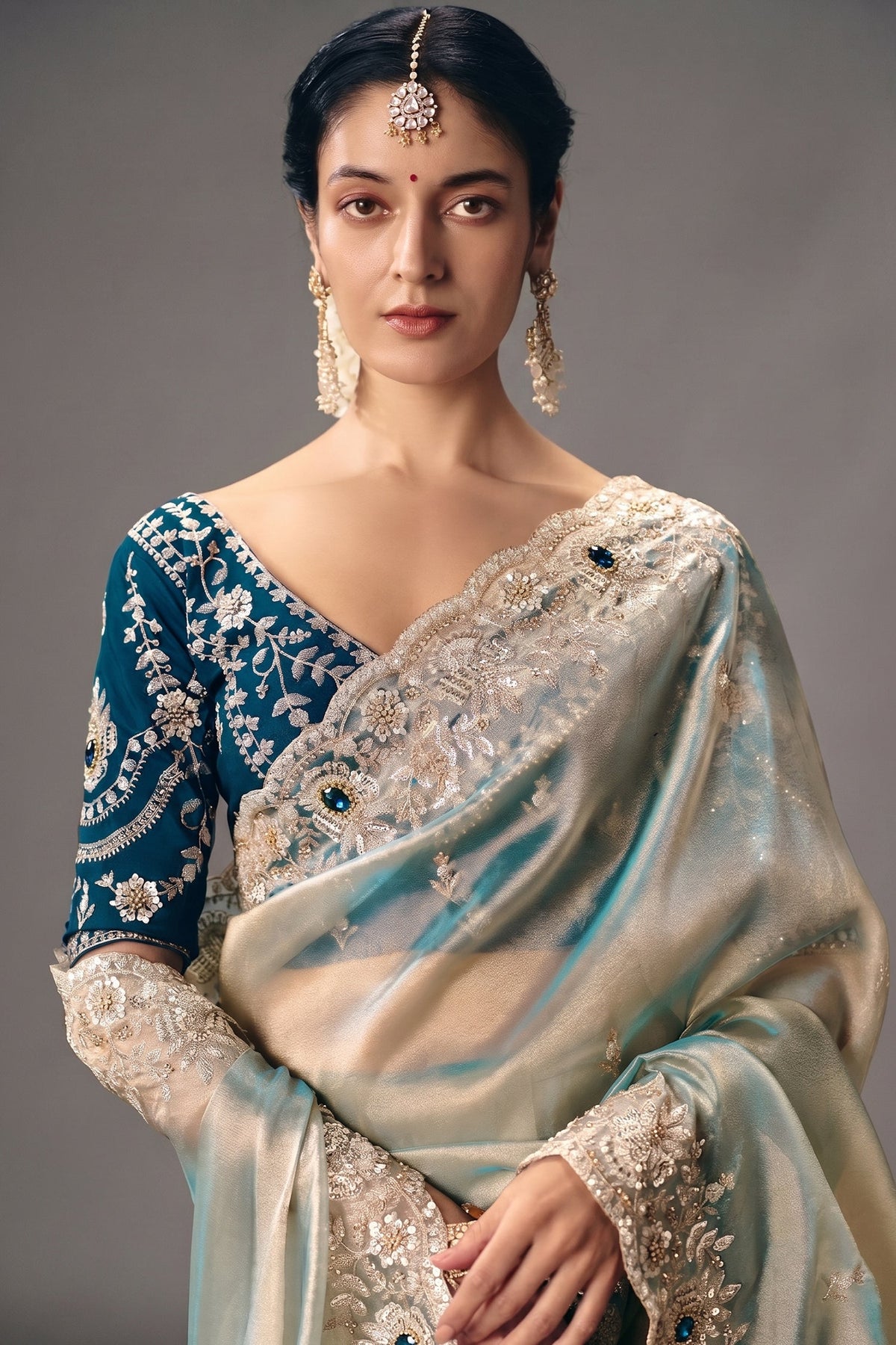 Powder Blue Ice Sheer Saree Detailed with Pastel Embroidery