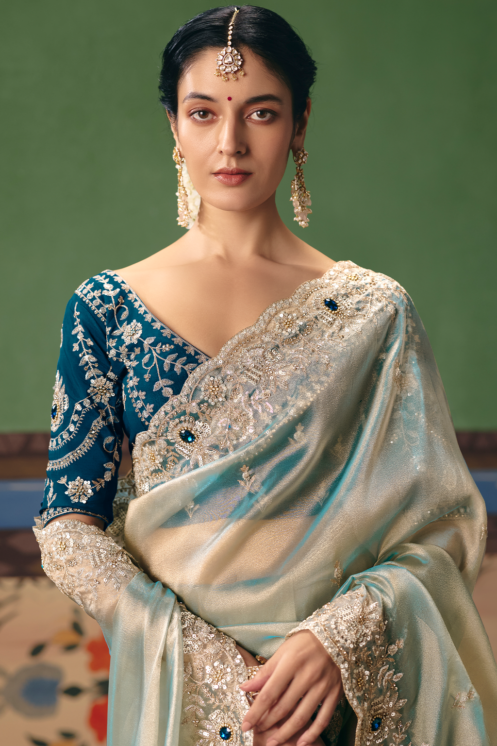 Powder Blue Ice Sheer Saree Detailed with Pastel Embroidery