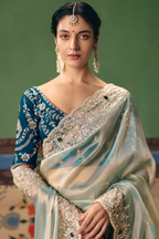 Powder Blue Ice Sheer Saree Detailed with Pastel Embroidery