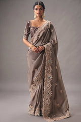 Taupe Brown Saree Adorned with Heavy Muted Floral Border Embroidery