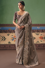 Taupe Brown Saree Adorned with Heavy Muted Floral Border Embroidery