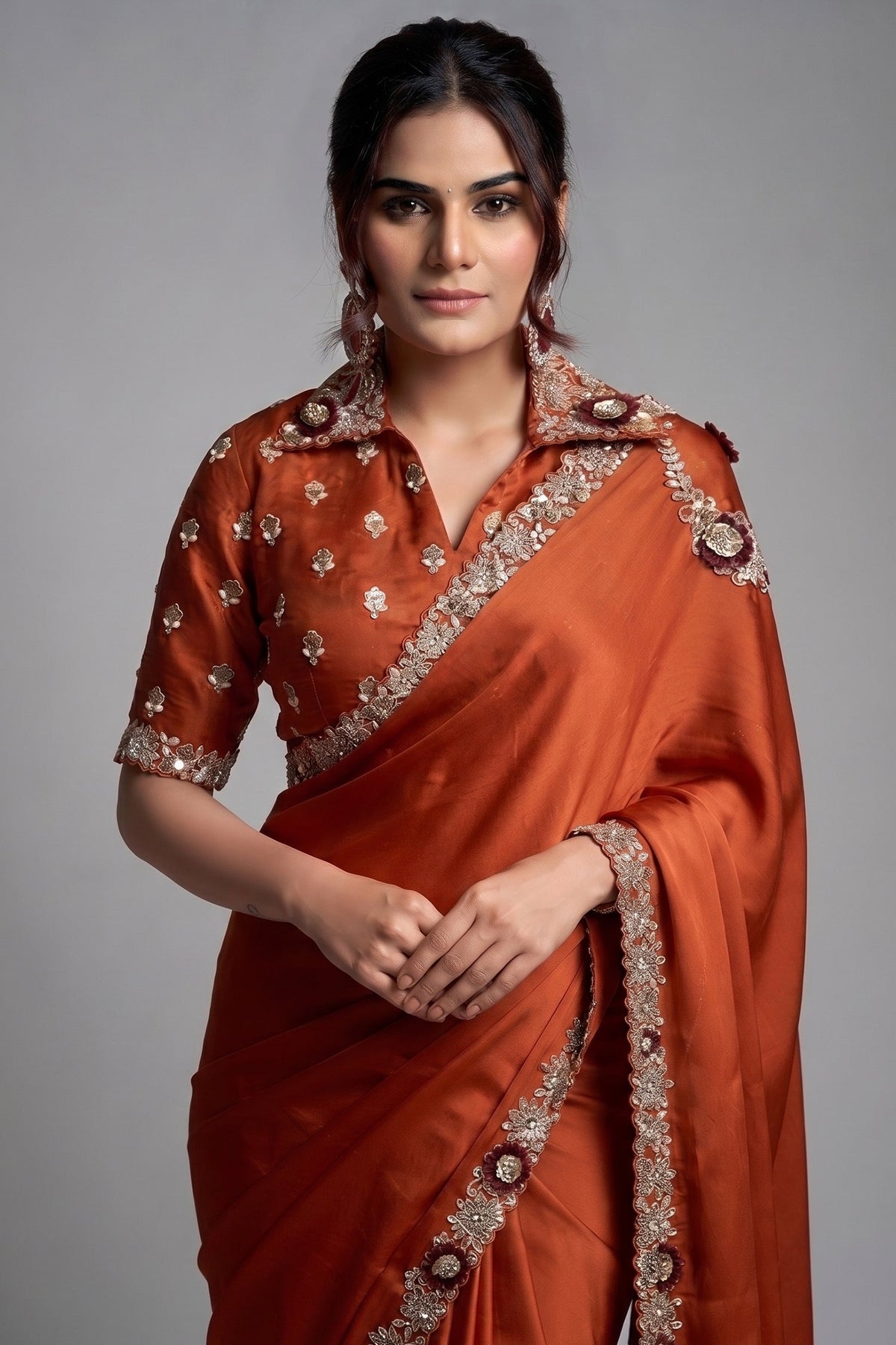 Burnt Copper Rust Satin Silk Saree Showcasing Sequin Embroidery