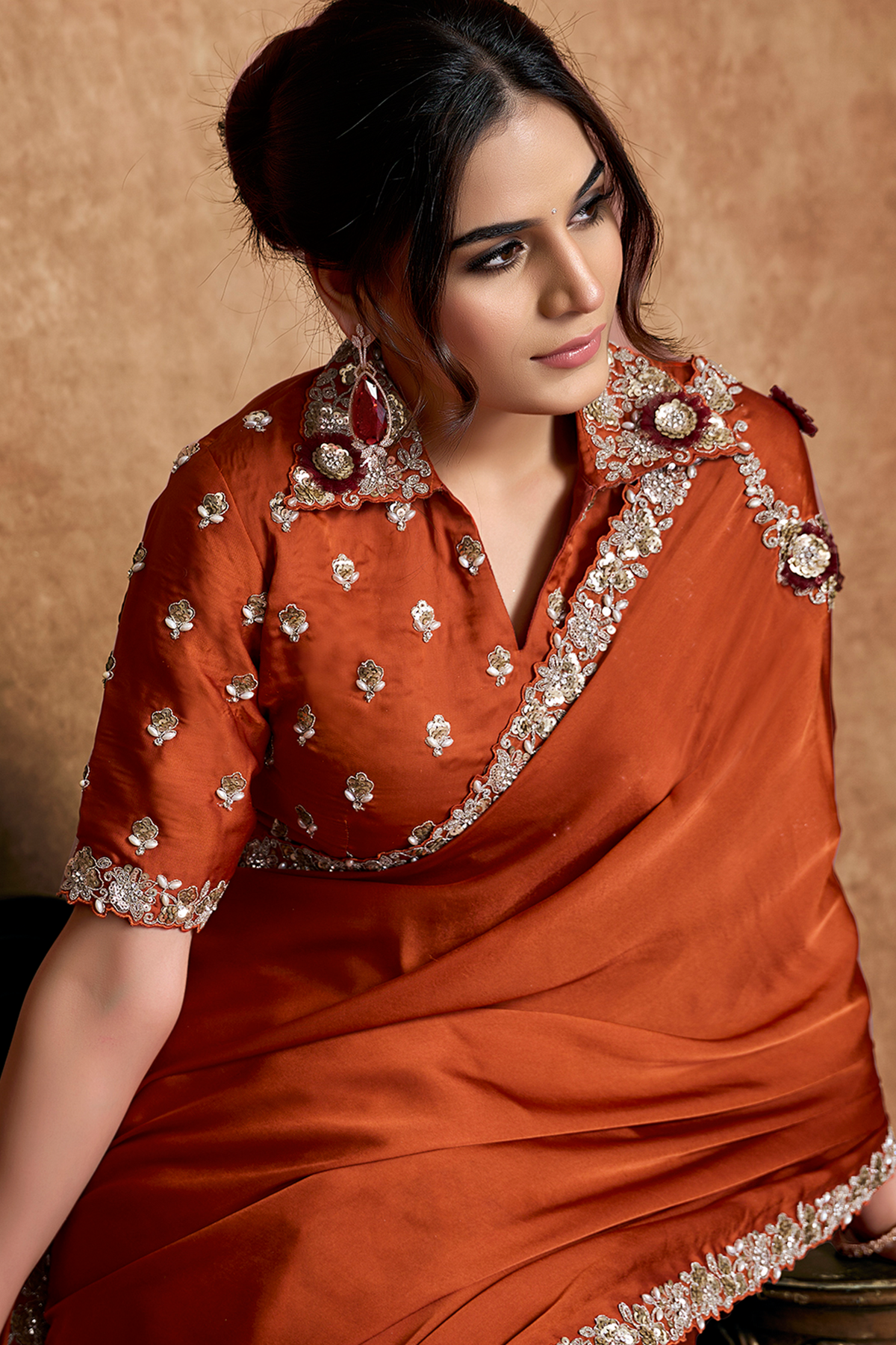 Burnt Copper Rust Satin Silk Saree Showcasing Sequin Embroidery