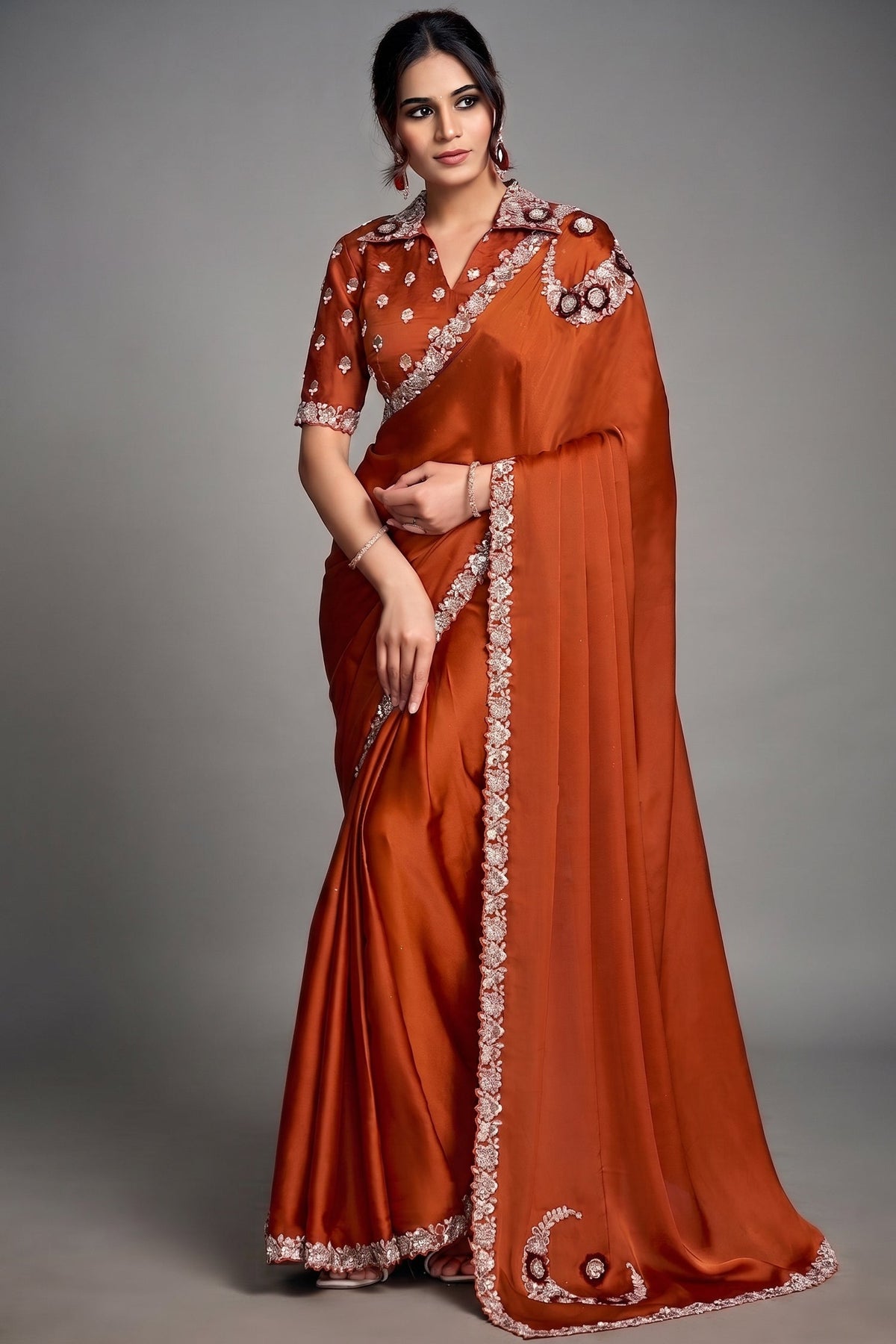 Burnt Copper Rust Satin Silk Saree Showcasing Sequin Embroidery