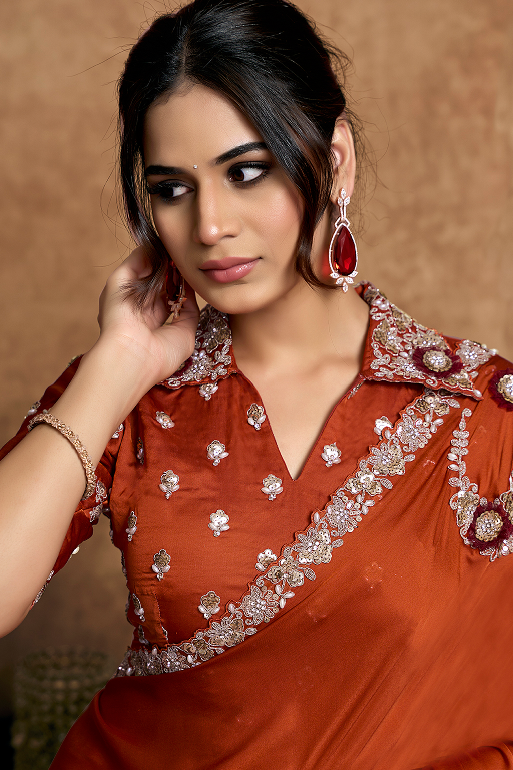 Burnt Copper Rust Satin Silk Saree Showcasing Sequin Embroidery