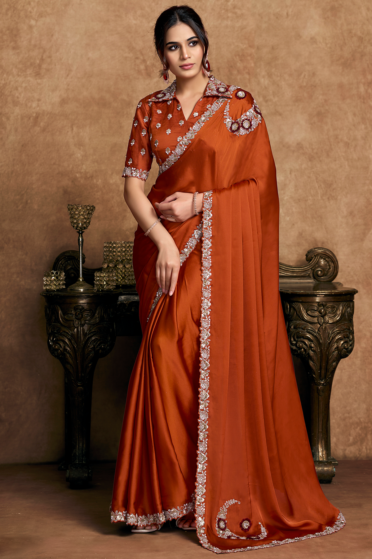 Burnt Copper Rust Satin Silk Saree Showcasing Sequin Embroidery