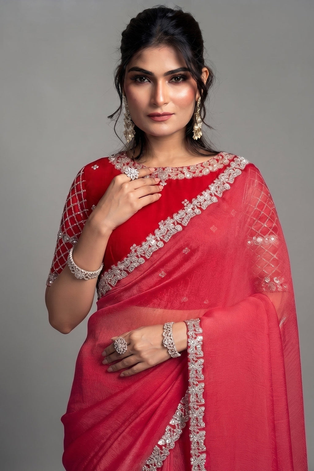 Raspberry Red Organza Satin Saree with Embroidery