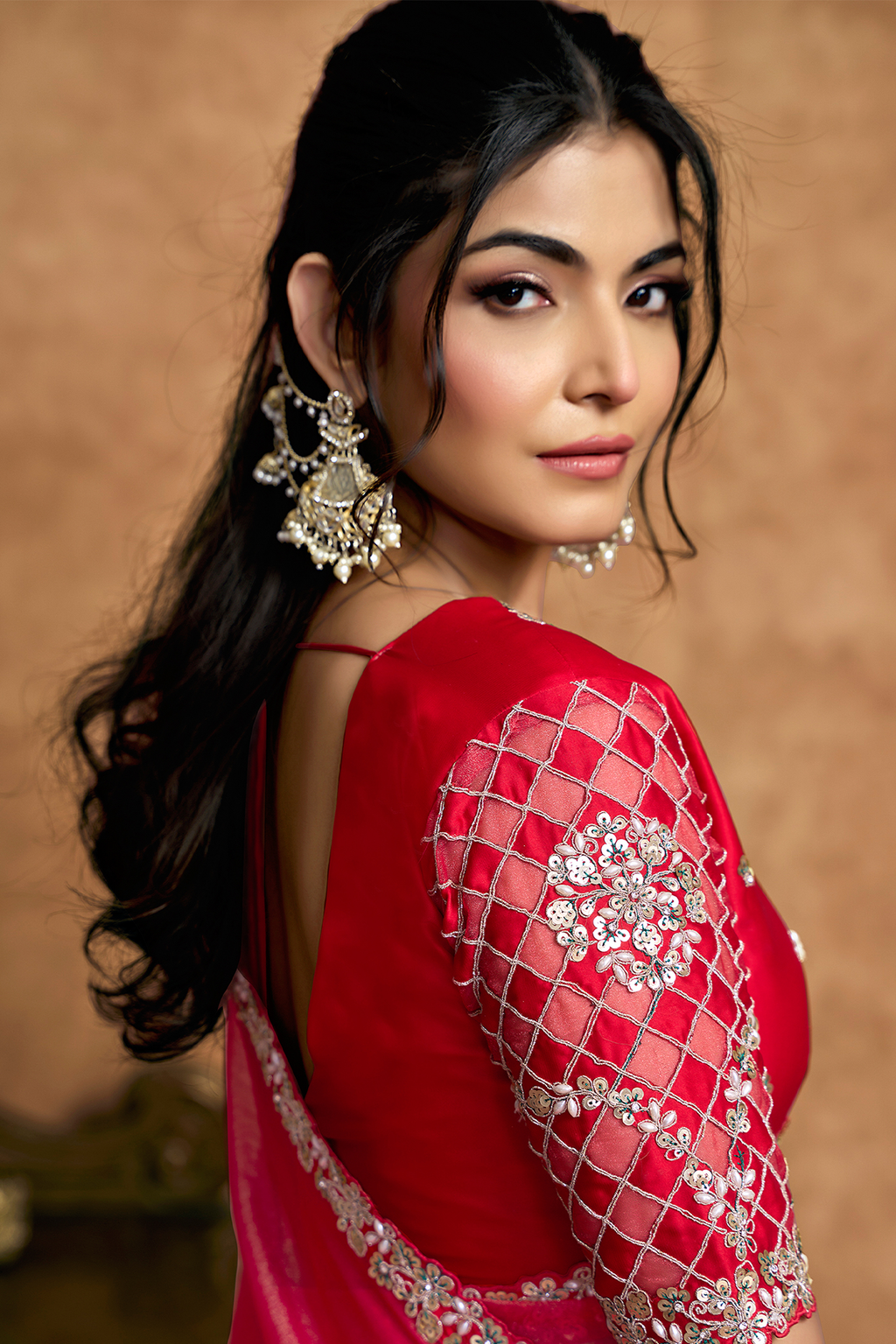 Raspberry Red Organza Satin Saree with Embroidery