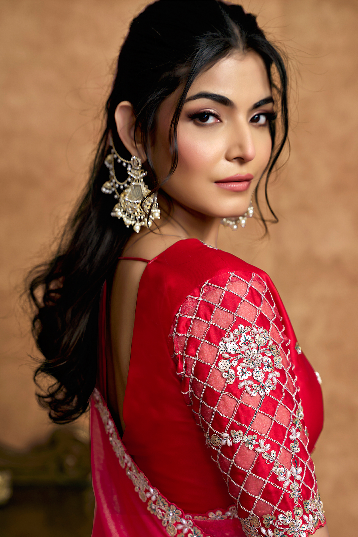 Raspberry Red Organza Satin Saree with Embroidery