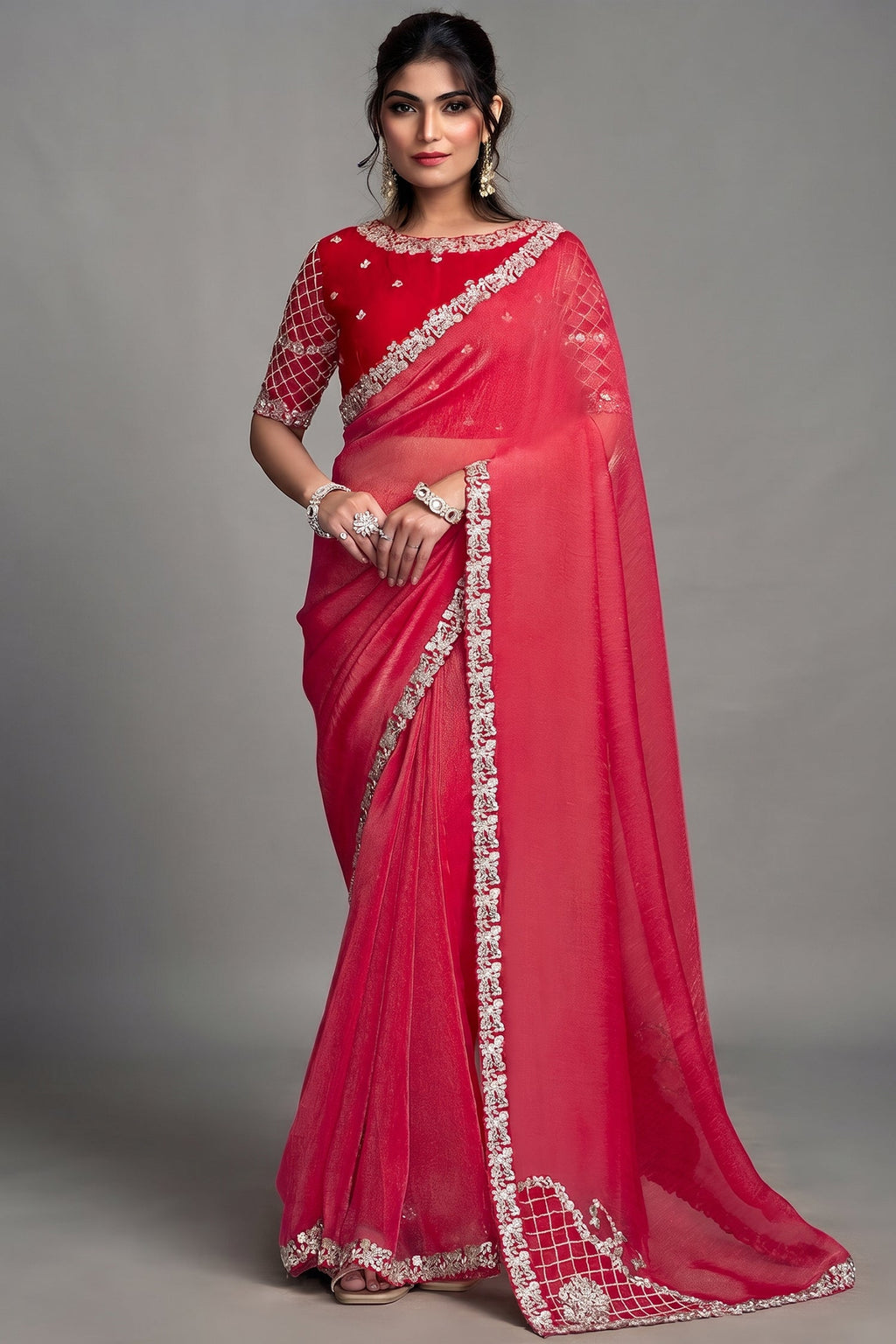 Raspberry Red Organza Satin Saree with Embroidery