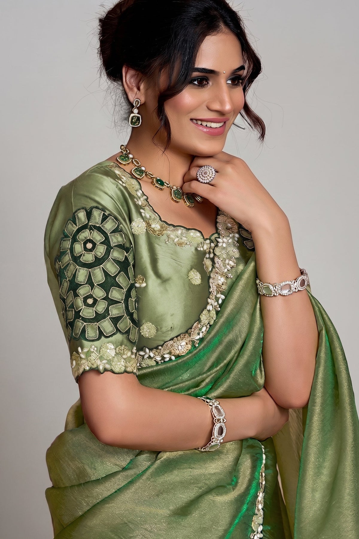 Olive Green Organza Saree Elevated With A Heavily Worked