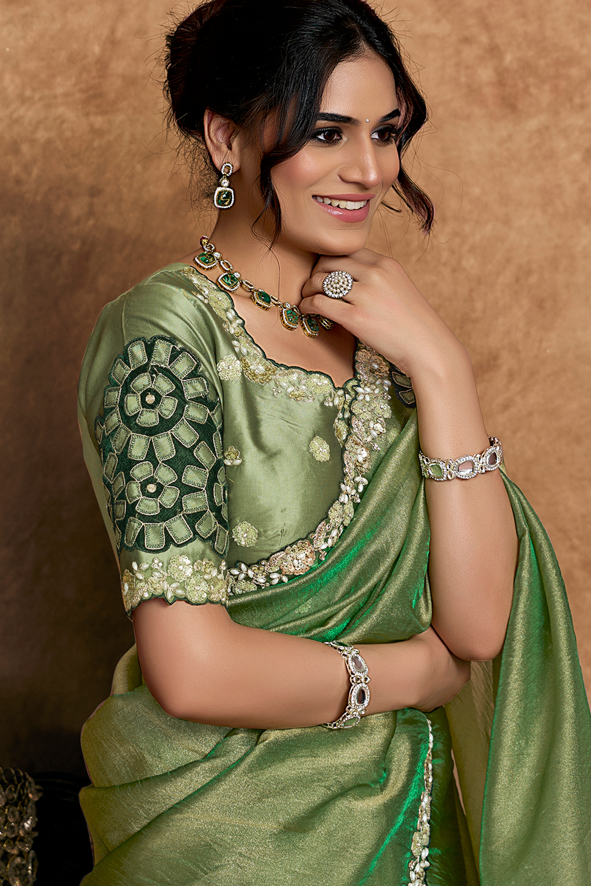 Olive Green Organza Saree Elevated With A Heavily Worked