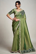 Olive Green Organza Saree Elevated With A Heavily Worked
