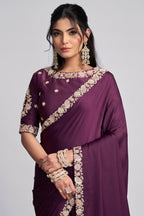 Deep Mulberry Purple Satin Silk Saree With Elevated Sequin Embroidery