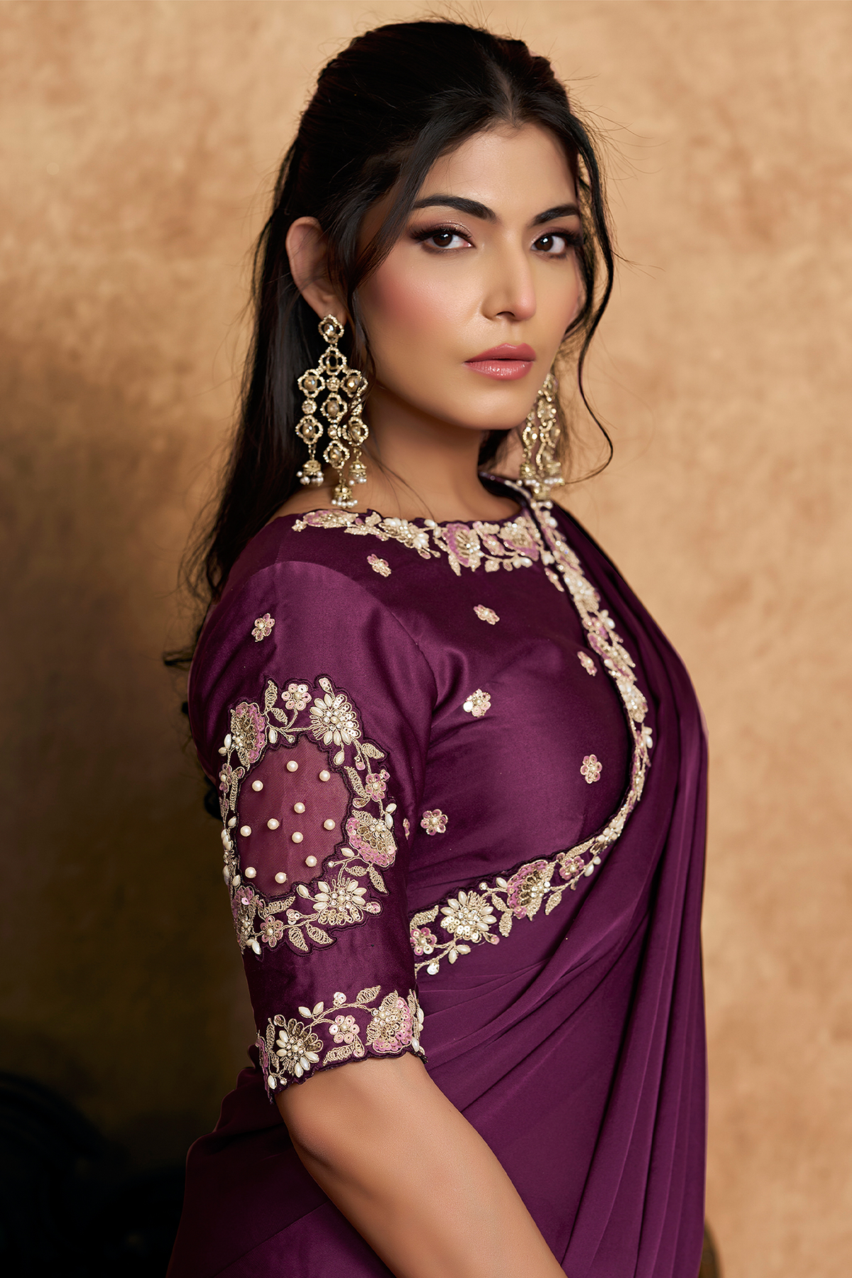 Deep Mulberry Purple Satin Silk Saree With Elevated Sequin Embroidery