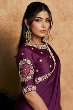 Deep Mulberry Purple Satin Silk Saree With Elevated Sequin Embroidery