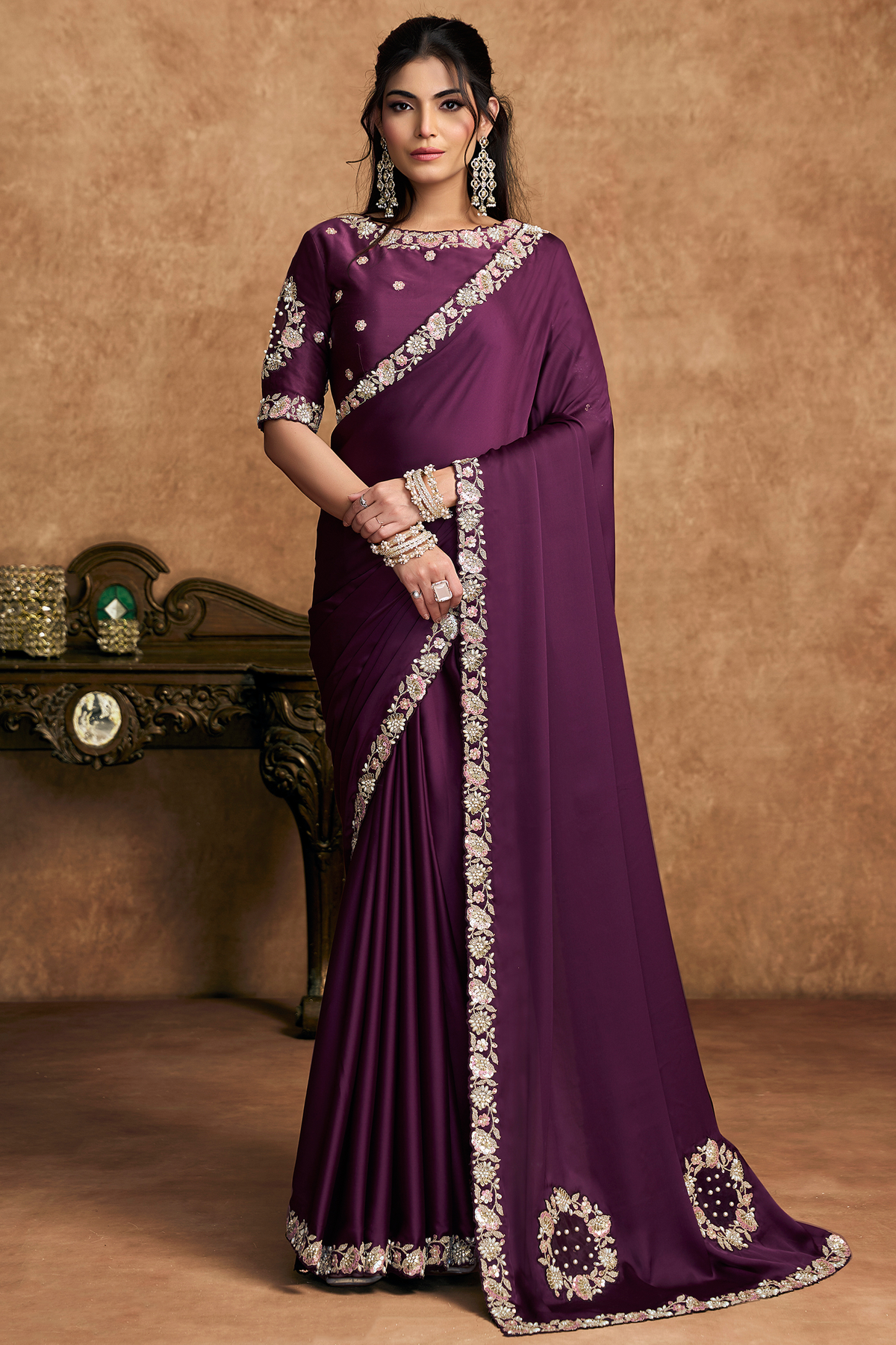 Deep Mulberry Purple Satin Silk Saree With Elevated Sequin Embroidery