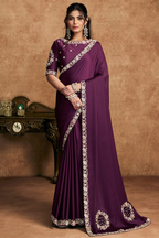 Deep Mulberry Purple Satin Silk Saree With Elevated Sequin Embroidery