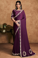 Deep Mulberry Purple Satin Silk Saree With Elevated Sequin Embroidery