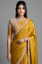 Honey Mustard Crepe Satin Saree Adorned With Dual Sequin And Pearl Handwork