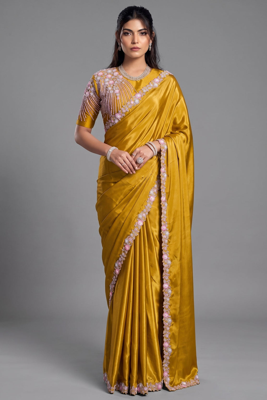Honey Mustard Crepe Satin Saree Adorned With Dual Sequin And Pearl Handwork