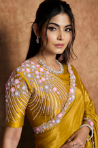 Honey Mustard Crepe Satin Saree Adorned With Dual Sequin And Pearl Handwork