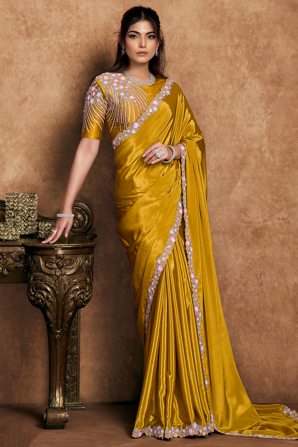 Honey Mustard Crepe Satin Saree Adorned With Dual Sequin And Pearl Handwork