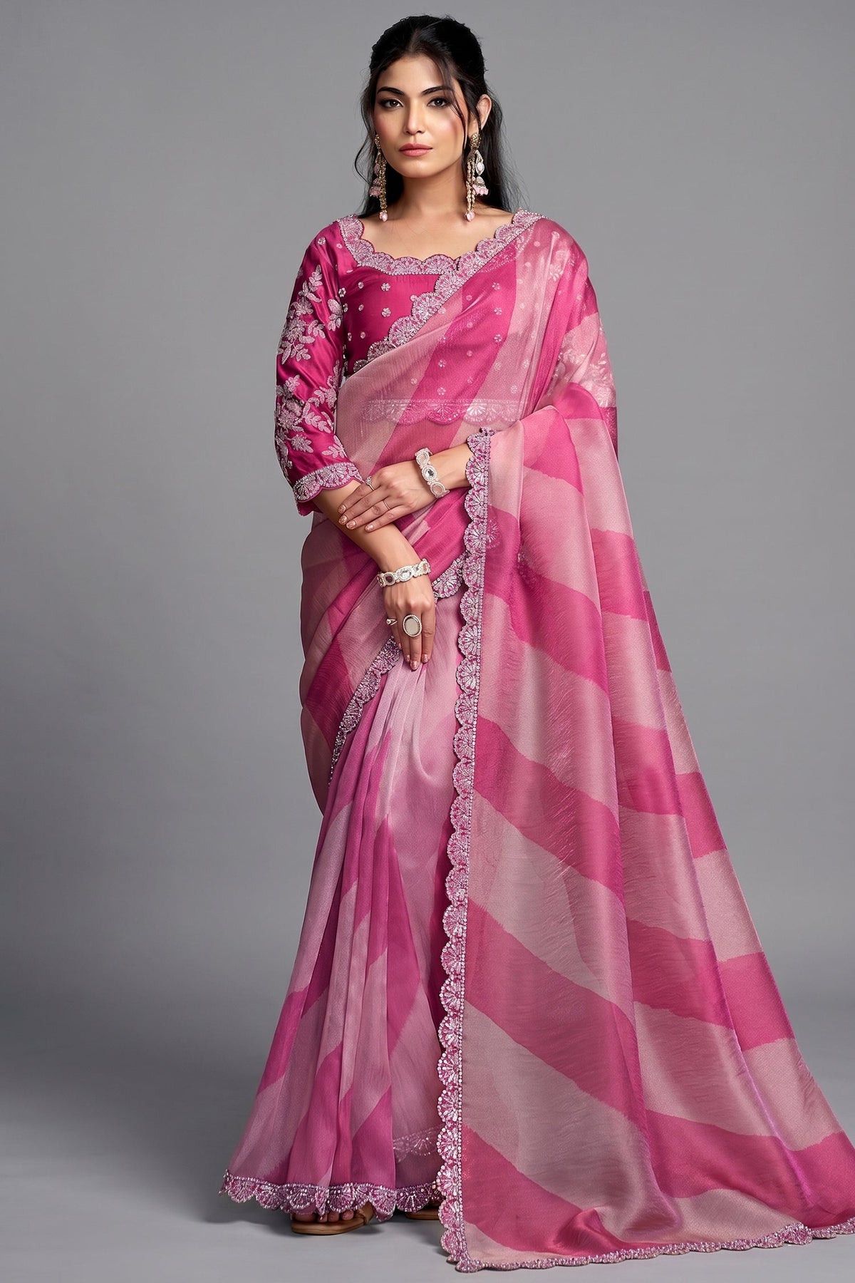 Candy Pink Lehriya Print Organza Satin Saree With Highlighted Scalloped Border