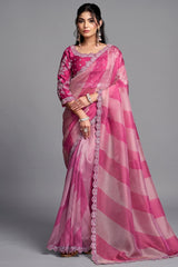 Candy Pink Lehriya Print Organza Satin Saree With Highlighted Scalloped Border