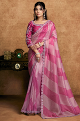 Candy Pink Lehriya Print Organza Satin Saree With Highlighted Scalloped Border