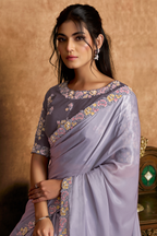 Lilac Lavender Crepe Satin Saree Detailed with Multi-Thread Embroidered Floral Motifs