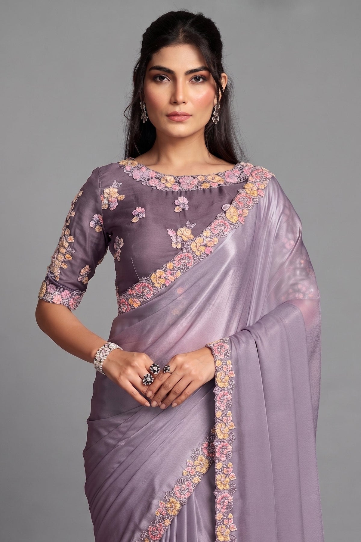 Lilac Lavender Crepe Satin Saree Detailed with Multi-Thread Embroidered Floral Motifs