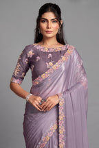 Lilac Lavender Crepe Satin Saree Detailed with Multi-Thread Embroidered Floral Motifs