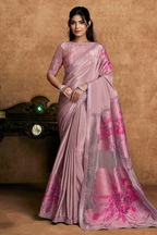 Mauve Pink Pure Crepe Saree Adorned With Large Floral Pallu Highlights