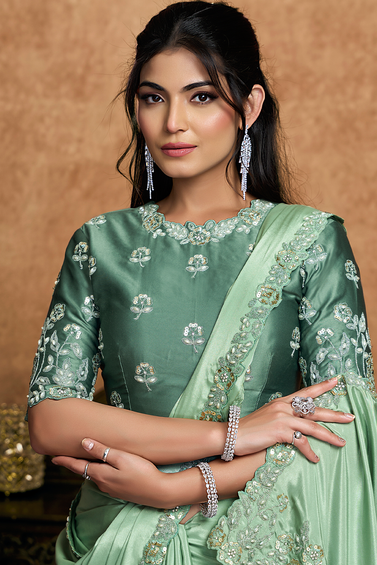 Seafoam Mint Green Crepe Satin Saree Highlighting Floral Sequin