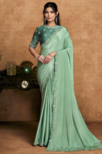 Seafoam Mint Green Crepe Satin Saree Highlighting Floral Sequin