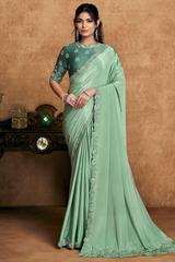 Seafoam Mint Green Crepe Satin Saree Highlighting Floral Sequin