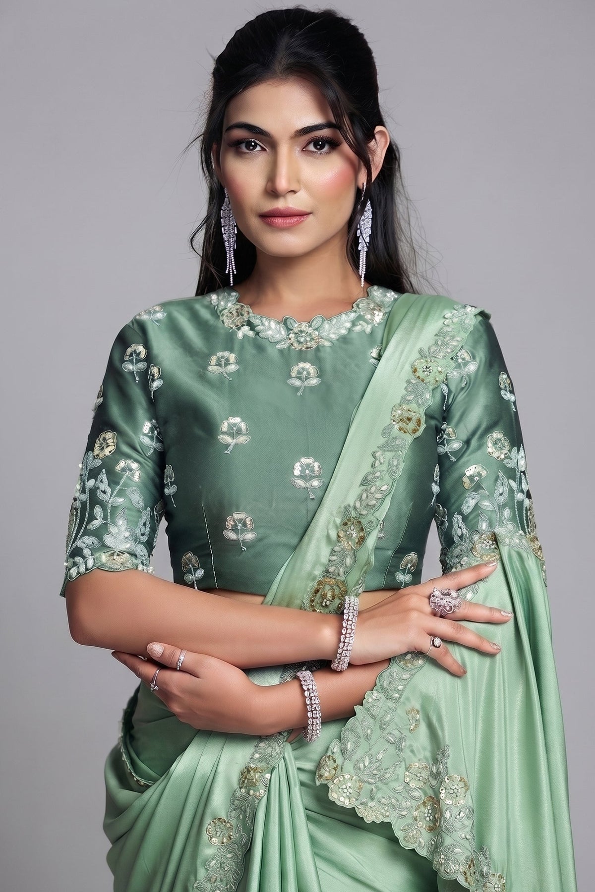 Seafoam Mint Green Crepe Satin Saree Highlighting Floral Sequin