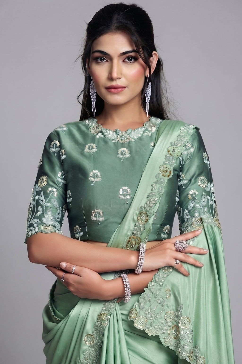 Seafoam Mint Green Crepe Satin Saree Highlighting Floral Sequin