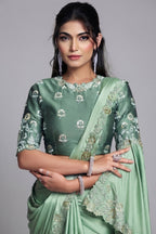 Seafoam Mint Green Crepe Satin Saree Highlighting Floral Sequin