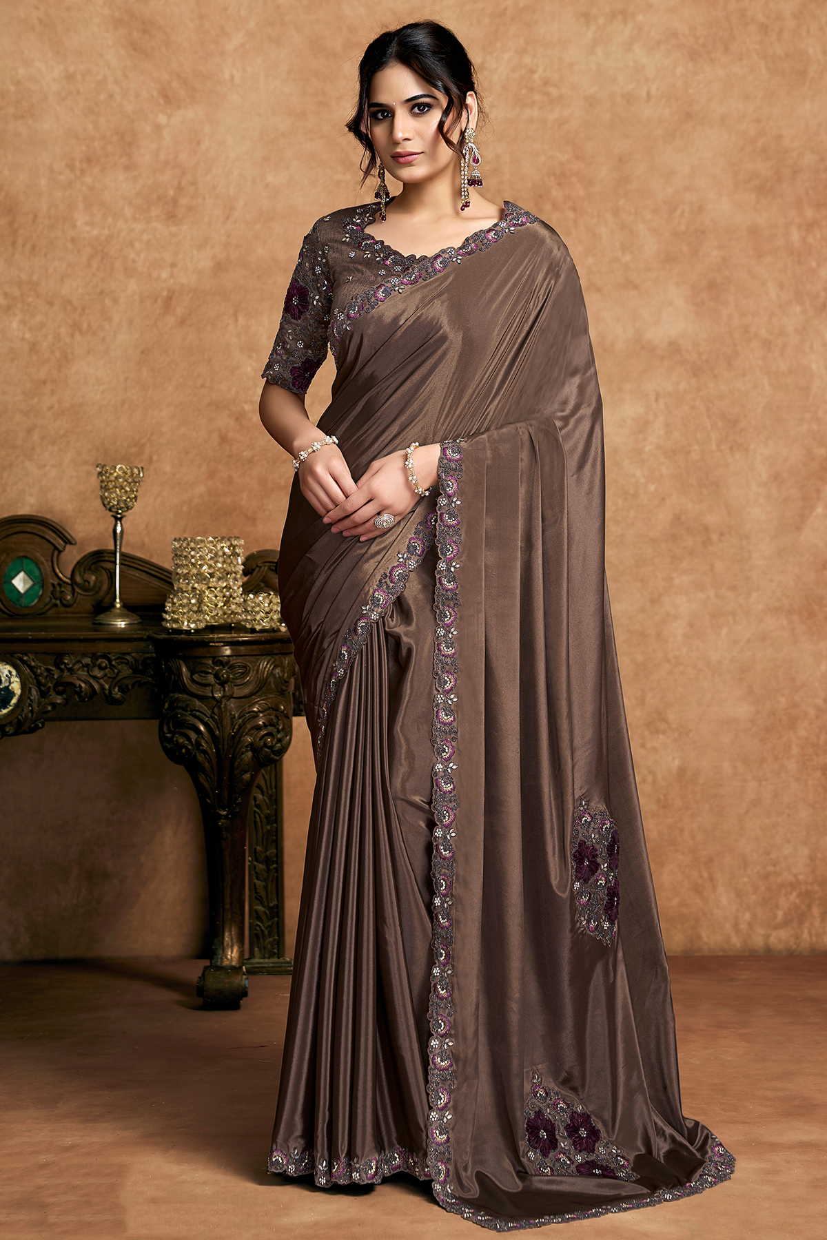 Dark Coffee Brown Lustrous Satin Saree with Applique Flower Work