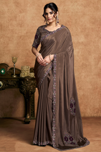 Dark Coffee Brown Lustrous Satin Saree with Applique Flower Work