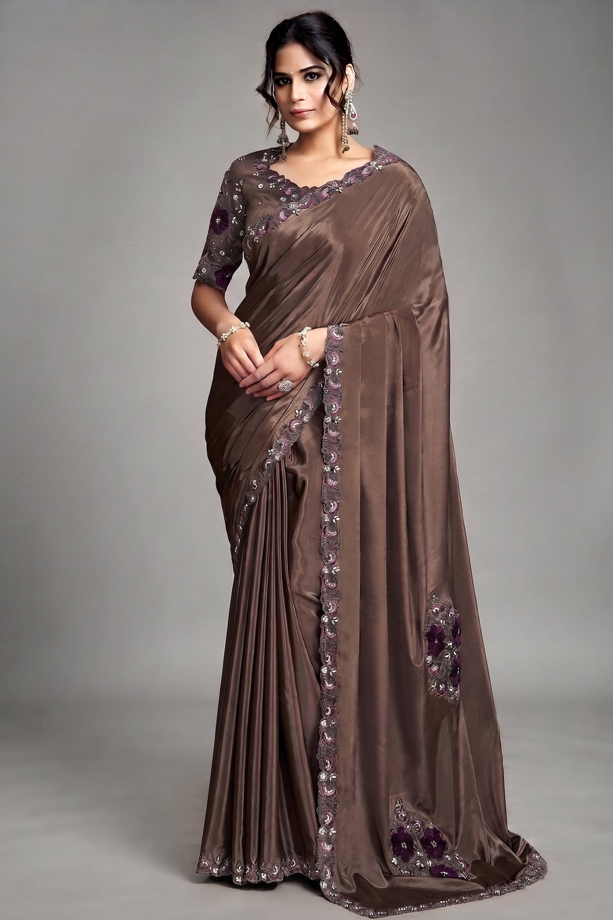 Dark Coffee Brown Lustrous Satin Saree with Applique Flower Work