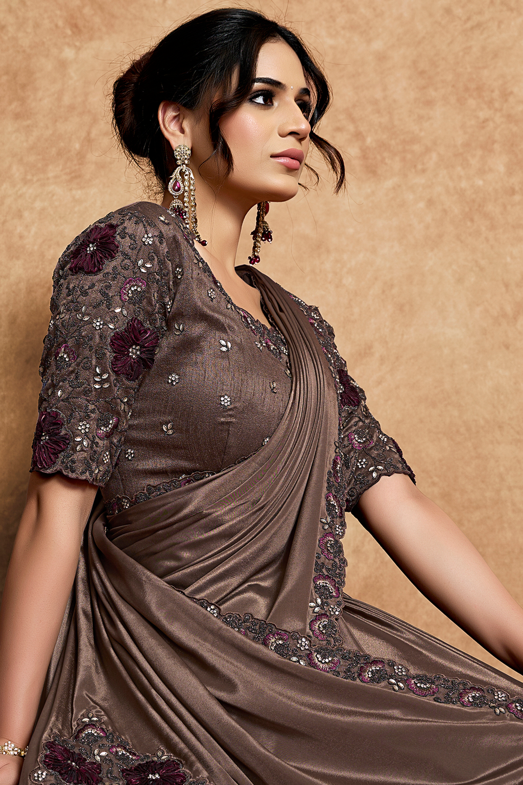 Dark Coffee Brown Lustrous Satin Saree with Applique Flower Work