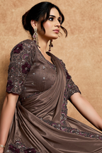 Dark Coffee Brown Lustrous Satin Saree with Applique Flower Work