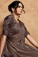 Dark Coffee Brown Lustrous Satin Saree with Applique Flower Work