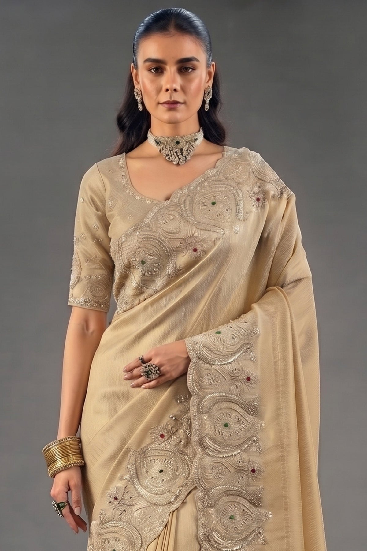 Gold Pure Kanjivaram Saree with Emerald Heavy Embroidery