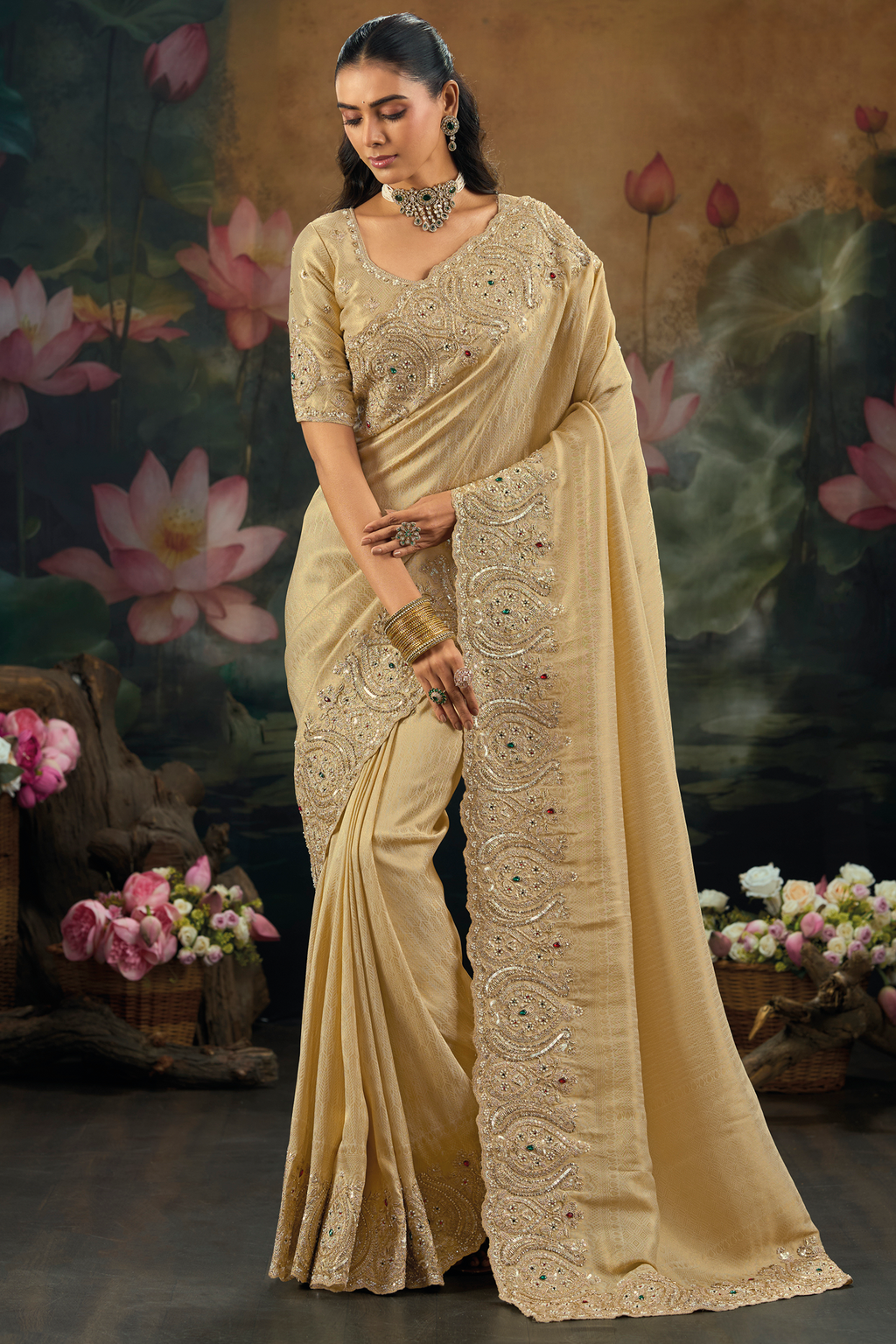 Gold Pure Kanjivaram Saree with Emerald Heavy Embroidery